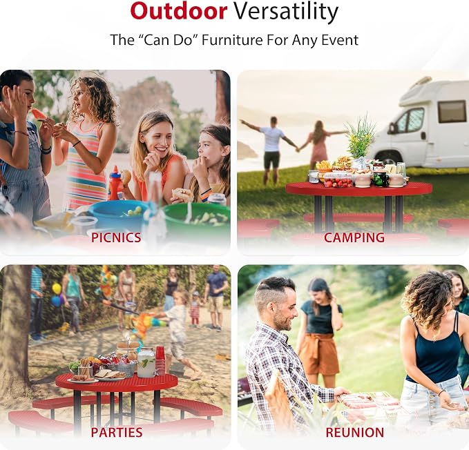 Leisure Craft Metal Picnic Table with Bench - 46" Round Outdoor Dining Table for 8 with Umbrella Hole, Weatherproof Heavy Duty Thermoplastic Coating, Commercial Grade Furniture Made in USA - Red
