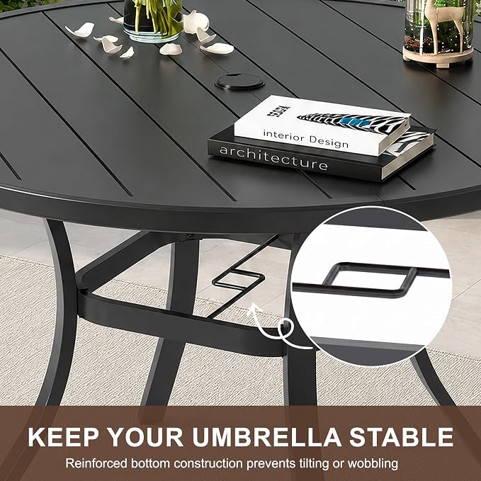 Patio Dining Table for 4,Steel Slatted Round Outdoor Table with Adjustable Umbrella Hole,41",Black
