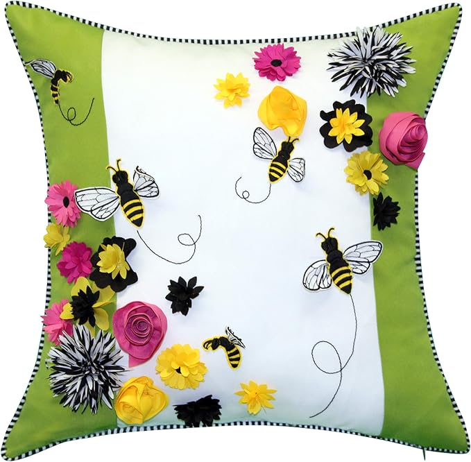 Bees & Flowers Dimensional Indoor/Outdoor Decorative Pillow, 18x18, Multi