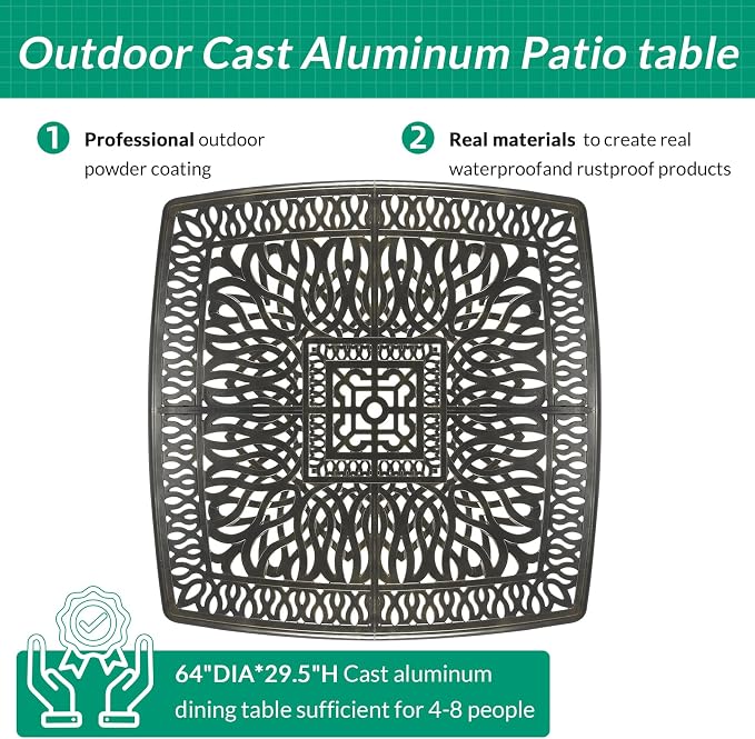 VIVIJASON 9-Piece Outdoor Dining Set, Cast Aluminum Patio Table & Chair Furniture Set for 8, Include Large 64" Square Dining Table, 2 Swivel Rocker Chairs, 6 Stationary Chairs, Umbrella Hole, Red
