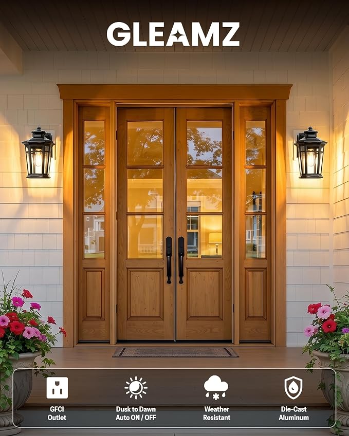 Gleamz Large Dusk to Dawn Outdoor Lighting with GFCI Outlet, Black Exterior Lighting Fixtures, Outdoor Porch Lights Wall Mount for Garage, Patio, Coach, 100% Aluminum Anti-Rust Waterproof