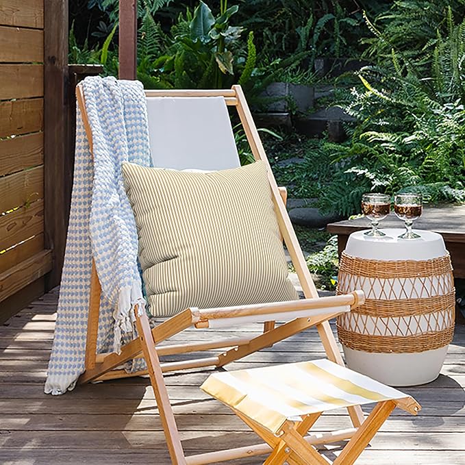 Outdoor Pillows for Patio Furniture 18x18 inch, Square Outdoor Throw Pillows with Inserts, Decorative Toss Pillows for Garden Couch Home Sofa Office Chair, Pack of 2, Stripe Beige
