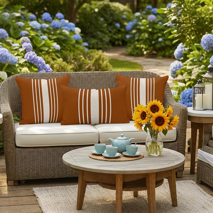 Burnt Orange Beige Striped Outdoor Pillow Covers 16x16 Inch Throw Pillow Covers Set of 2 Waterproof Decorative Pillow Cases Modern Farmhouse Retro Lines Cushion Covers for Patio Furniture Garden Couch