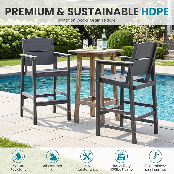 Outdoor Bar Table Set 3 Piece, HDPE Patio Bar Height Furniture Set with 2 Chairs, Small Space Patio Furniture, Weather Resistant Balcony Bistro Set for Garden, Deck, Porch, Premium Grey