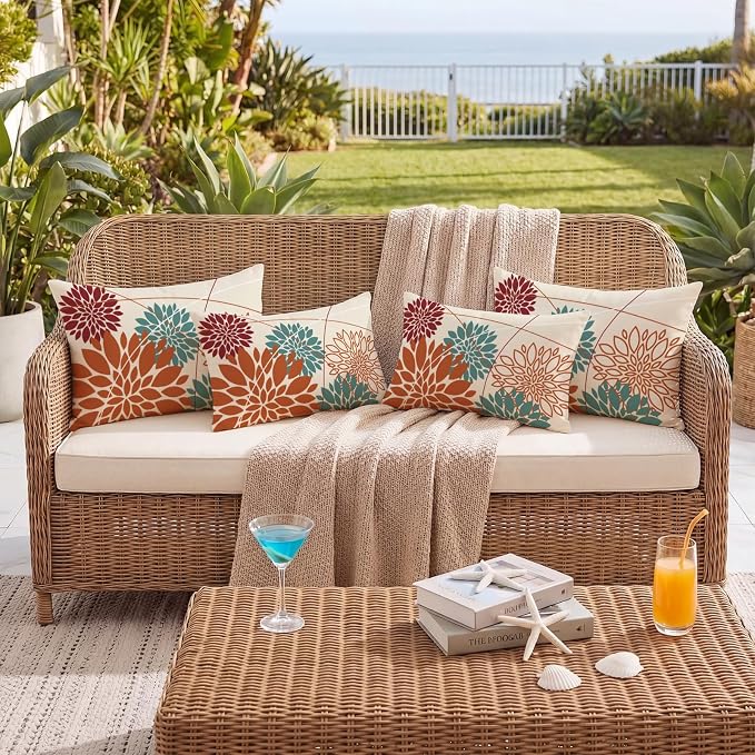 OTOSTAR Outdoor Orange Cyan Pillow Covers 12x20 Inch Set of 2 Red Flower Throw Pillows Farmhouse Geometric Dahlia Floral Lumbar Cushion Case Waterproof Decor for Sofa Patio Funiture Garden