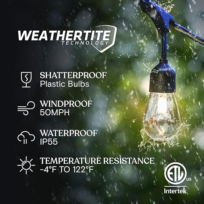 Brightech Ambience Pro - 48 Ft Waterproof, Solar Power Outdoor String Lights - 1W LED Hanging Edison Bulbs Create Bistro Ambience in Your Yard - Commercial Grade, Shatterproof - 15 Lights, Soft White