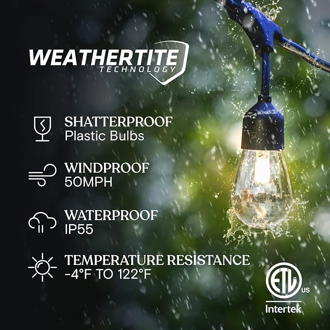 Brightech Ambience Pro 27 Ft Solar Powered Outdoor String Lights - Commercial Grade Waterproof Patio Lights with Edison Bulbs, Shatterproof LED String Lights for Patio - 1W, Warm White, 12 Bulbs