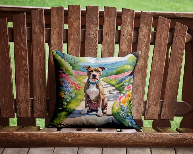 Caroline's Treasures Pit Bull Terrier Spring Path Throw Pillow Machine Washable, Indoor Outdoor Decorative Pillow for Couch, Bed or Patio, 14Hx14W