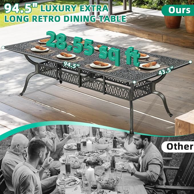 VIVIJASON 94.5" Patio Dining Table for 8-10 People, Large Rectangle Cast Aluminum Dining Table with 2" Umbrella Hole, Weather-Resistant Patio Dining Table for Deck Garden Backyards, Dark Bronze