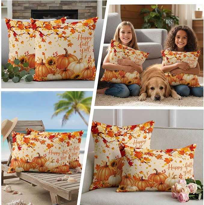 Orange Fall Waterproof Outdoor Pillow Covers 26''x26'' Set of 2, Maple Tree Branch Thanksgiving Pumpkin Patio Cushion Covers for Chairs,Decorative Countryside Leaves Pillow Cases for Garden/Pool/Beach