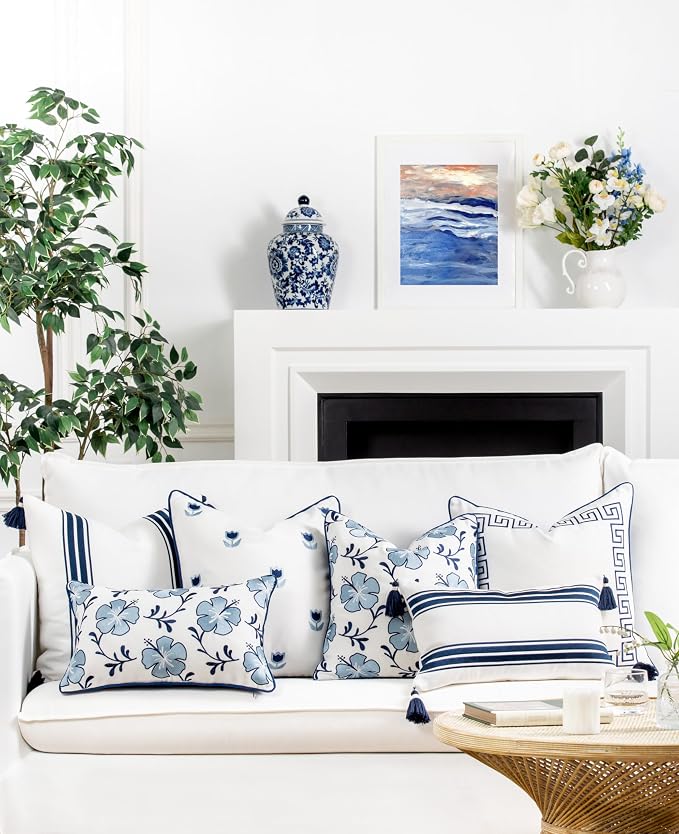 Hofdeco Premium Coastal Patio Indoor Outdoor Lumbar Pillow Cover Only, 12"x20" Water Repellent for Backyard, Couch, Navy Blue Embroidered Stripes with Tassels