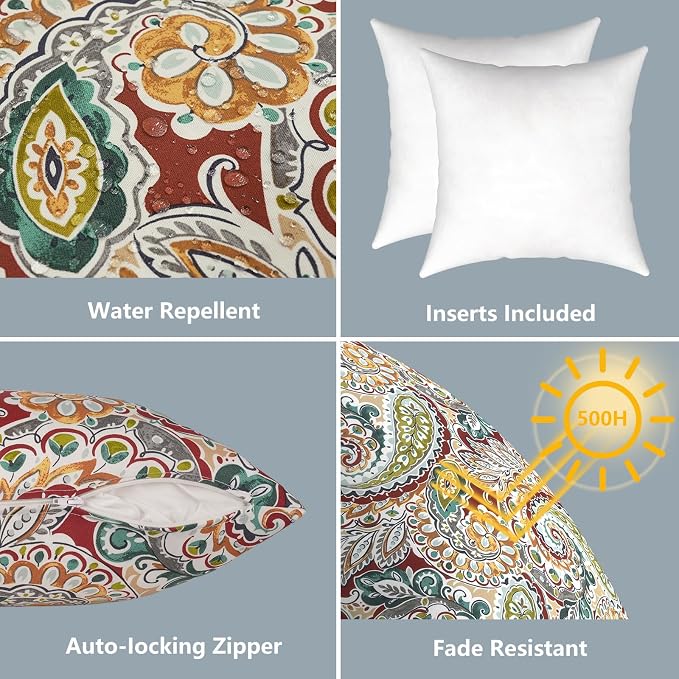 LVTXIII Outdoor Pillows 20x20 Inch, 2 Pack Large Decorative Square Throw Pillows with Inserts for Couch, Bed, Floor Seating, Patio Furniture, Vibrant Paisley