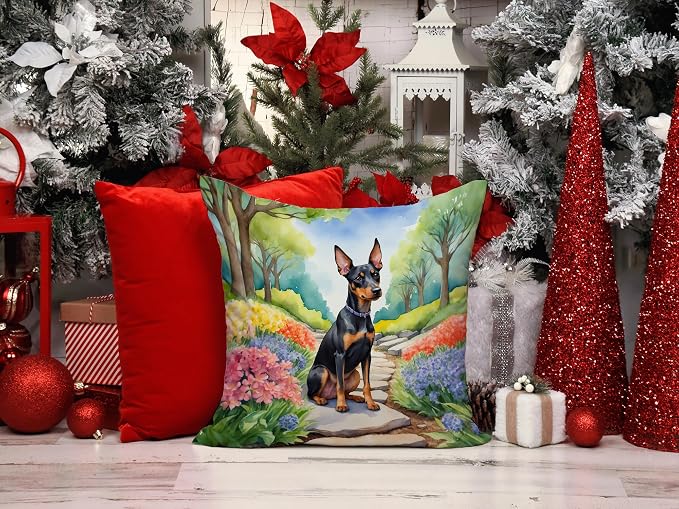 Caroline's Treasures Manchester Terrier Spring Path Throw Pillow Machine Washable, Indoor Outdoor Decorative Pillow for Couch, Bed or Patio, 14Hx14W