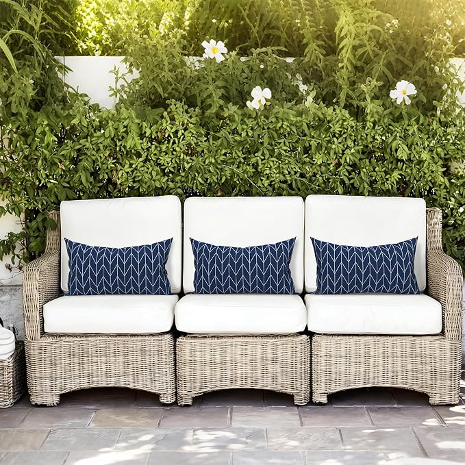 LVTXIII Set of 2 Patio Lumbar Pillows, 12”x20” Fade Resistant Outdoor Lumbar Pillow with Inners, Fluffy Decorative Garden Lumbar Cushions for Home Patio Coach Sofa Use, Herringbone Navy