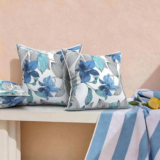 Outdoor Throw Pillows Inners, Fade Resistant Patio Furniture Square Pillows with Piping Set of 2 for Patio Furniture, 18x18 Inch, Clemens Blue