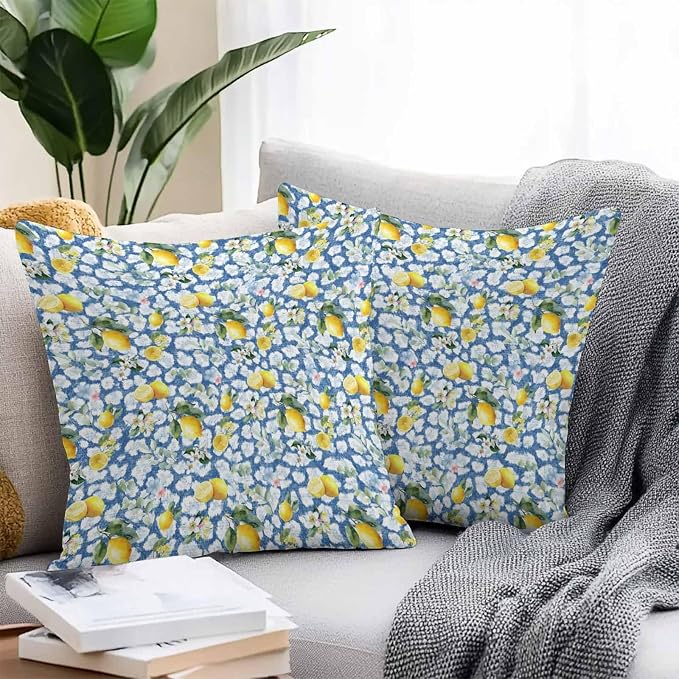 Yukro Summer Lemon Outdoor Waterproof Pillow Covers Pack of 2, Yellow Fruit White Flowers Country Plant Blue Throw Pillowcases Decorative Cushion Covers for Garden Patio Tent Sofa Couch, 26x26 inch