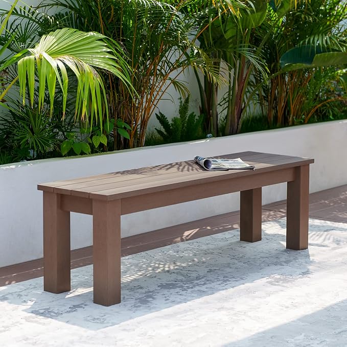 Outdoor Dining Table & Bench Set for 6, 59" Rectangle Poly Lumber Table + 2 Three-Person Backless Benches, Weatherproof HDPE Patio Furniture Set, Anti-Fade, for Garden, Backyard, Porch & Park