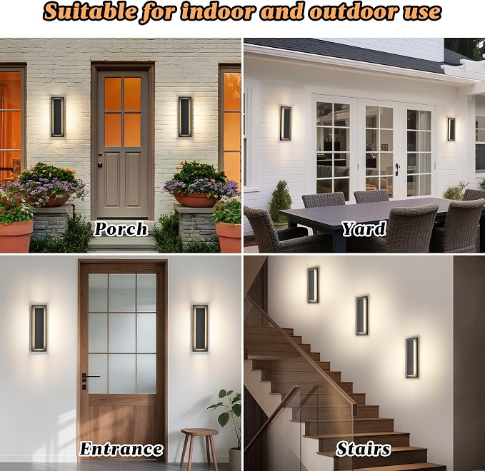 15.7 in Outdoor Wall Sconce Light,Modern Exterior Lights Fixture | Black Outdoor Porch Lights for House,Patio,Front Door,Outdoor Wall Lighting,IP65 Waterproof,3000K Warm White, 12 W,2 Packs