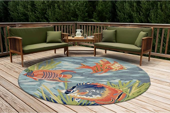 Liora Manne Ravella Coastal Tropical Fish Indoor/Outdoor Round Rug, 8', Blue