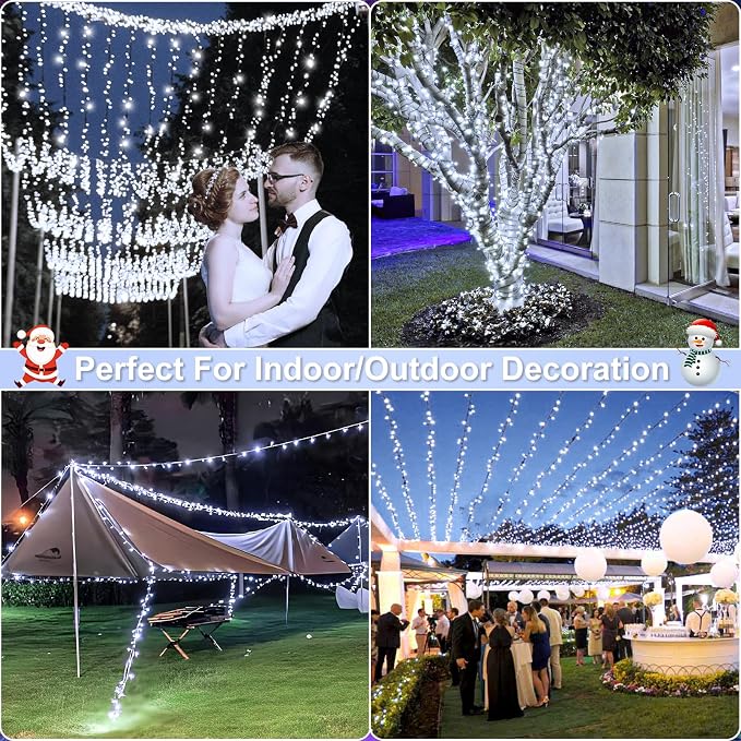 2 Pack Christmas Lights Outdoor, Total 200FT 600LED Christmas Tree Lights | Cool White, Plug in 8 Modes Waterproof String lights for Outside Indoor House Patio Yard Party Holiday Decorations