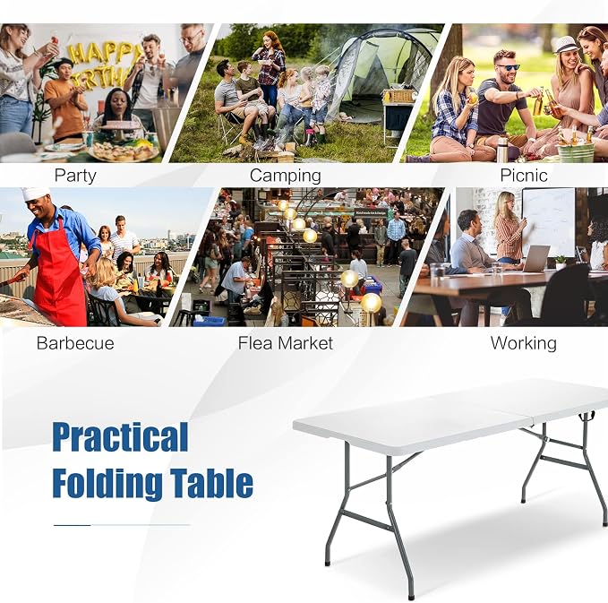 Giantex Folding Picnic Table, 6FT Portable Foldable Tables for Party BBQ, Metal Legs, HDPE, White Outdoor Indoor Camping Table with Handle, No Assembly