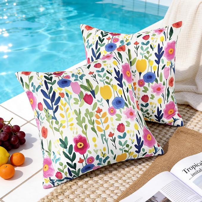 Outdoor Pillows Covers 18X18 Inch Pack of 2, Spring Floral Waterproof Throw Pillow Covers, White Printed Flower Decorative Square Pillowcases for Summer Patio Furniture Garden Balcony Porch