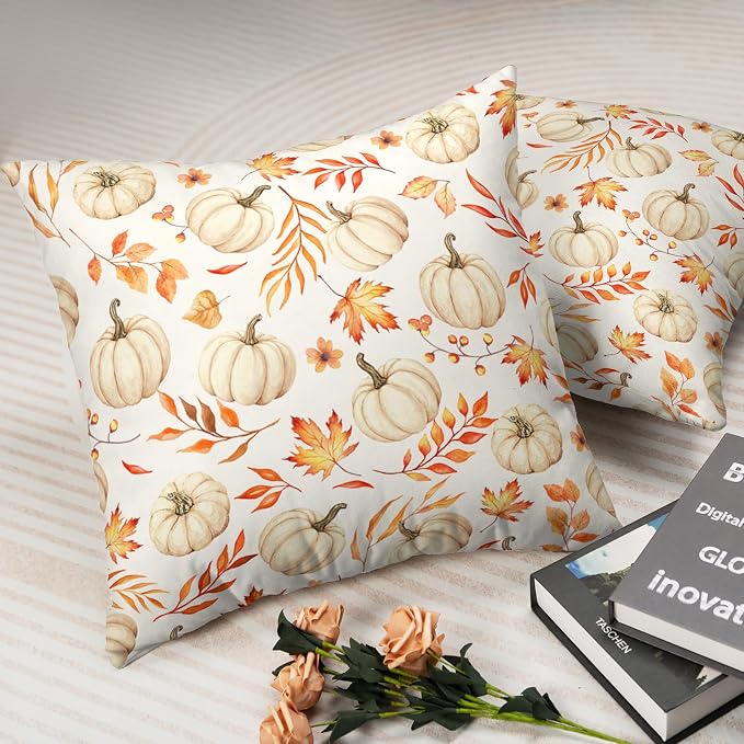 Fall Pillow Covers Autumn Pumpkin Throw Pillow Covers 18x18 Set of 2 Harvest Thanksgiving Pillow Cases Maple Leaves Cushion Cases for Living Room Bedroom Couch Sofa Patio