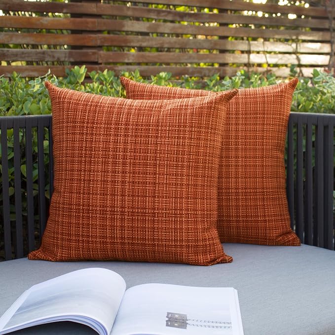 Kevin Textile Outdoor Waterproof 16"x16" Pillow Covers 2 Pack, Burnt Orange | Fall Water Resistant, Faux Linen Yarn-dyed, Woven Texture Throw Pillow Covers for Tent Patio Garden Couch Sofa