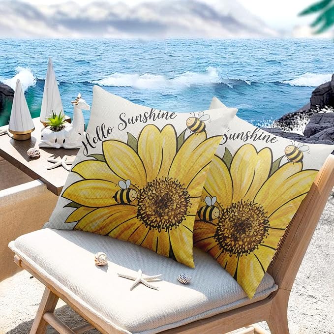 Outdoor Throw Pillow Covers, Bee Sunflower, 18 x 18 inch, Set of 2 | Waterproof 18 x 18 inch square cushion case pillowcase farmhouse garden decorative pillows for couch beach patio