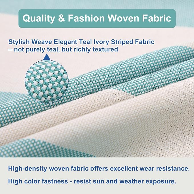 Outdoor Throw Pillow with Insert 18x18 Inch, Set of 2, Piping Edge Waterproof Fade Resistant Decorative Fluffy Pillows for Patio Furniture Chair Bench Couch Sofa - Teal Ivory Striped