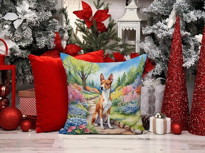Caroline's Treasures Basenji Spring Garden Throw Pillow Machine Washable, Indoor Outdoor Decorative Pillow for Couch, Bed or Patio, 14Hx14W