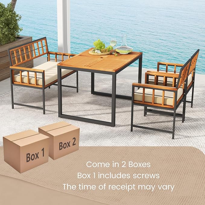 HAPPYGRILL 4 Pieces Wood Patio Dining Set with 1 Table, 1 Loveseat and 2 Armchairs, Outdoor Table and Chairs with 1.96" Umbrella Hole and Comfortable Cushions for Backyard, Deck and Poolside