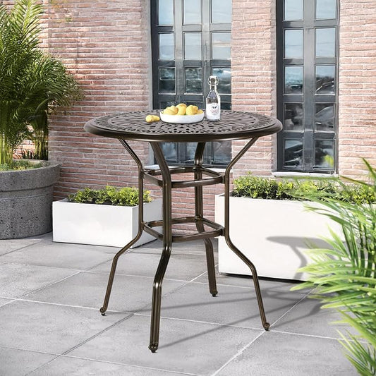 Outdoor Cast Aluminum Bar Table, 35.4" Patio Bar Height Table with 2" Umbrella Hole, All Weather High Top Bistro Round Dining Table for Outside Deck Porch Balcony Poolside, Dark Bronze