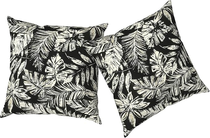 Outdoor Pillows with Insert 18x18 Inch, Waterproof Throw Pillow for Patio Furniture, Decorative Back Cushion for Garden Home Sofa Office Chair, Set of 2, Tropical Leaf Black
