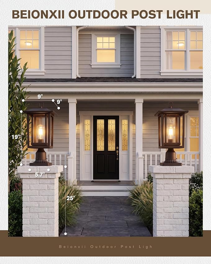 Beionxii Oil Rubbed Bronze Outdoor Post Lights 2 Pack, 19In Lamp Post Light Fixture for Outside with Pier Mount Base, Waterproof Aluminum Housing,ORB Column Mount Light(Hardwired 120V),BXA197-P-2P-ORB