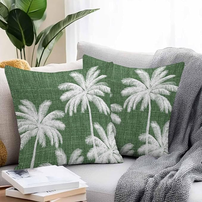 Outdoor Pillow Covers 20x20 Inch Set of 2, Dark Green Palm Trees Waterproof Throw Pillow Covers, Farmhouse Tropical Summer Beach Decorative Cushion Pillowcases for Couch, Sofa, Bed, Garden, Patio
