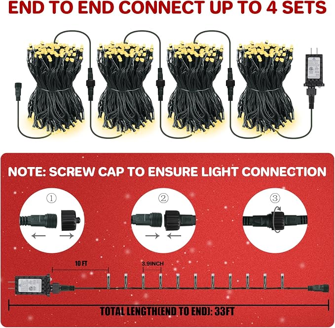 FairyGlim Christmas Lights Outdoor 100LED 33FT, Green Wire Connectable Christmas String Lights | 8 Modes Twinkle Fairy Lights Plug in with Timer, for Indoor Outside Xmas Trees Garden Party, Warm White