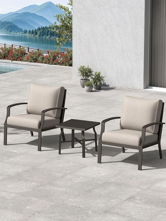 3-Piece Outdoor Furniture Set, Never-Rust Aluminum Patio Sofa Set with 2 Deep-Seating Sofa Chairs and Side Table, Patio Conversation Set with Cushions for Backyard, Deck, Poolside, Dark Bronze