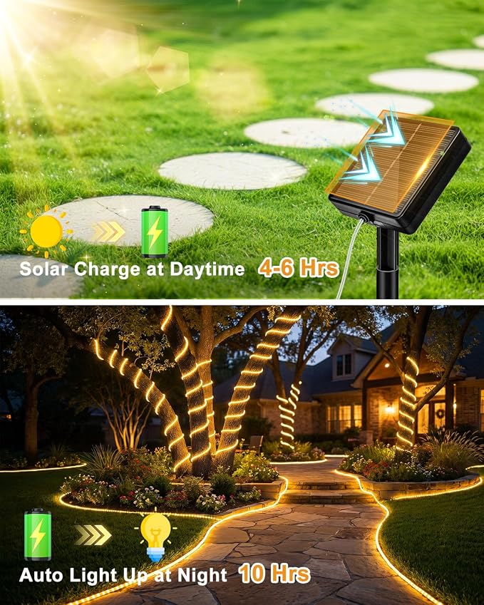 btfarm 2 Pack Solar Rope Lights Outdoor, Total 92FT 240LED Solar String Lights Outside Waterproof, 8 Lighting Mode Solar Powered Trampoline Light for Garden Tree Christmas Yard Party Decor, Warm White