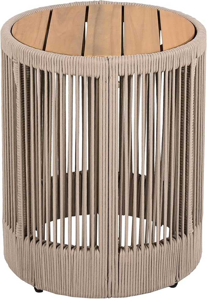 Christopher Knight Home Peyz Acacia Wood Outdoor Side Table Set of 2 with Woven Rope Design, Patio Round Coffee Table Set with Small Side Desk, Functionality Stylish 2 Tables for Garden, Teak + Beige