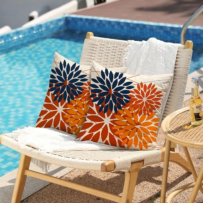 DFXSZ Pack of 2 Outdoor Waterproof Throw Pillow Covers 16x16 Blue Orange | Polyester Spring Summer Fall Floral Decorative Cushion Cases(NO INSERT),For Couch Patio Funiture Garden Home Decor