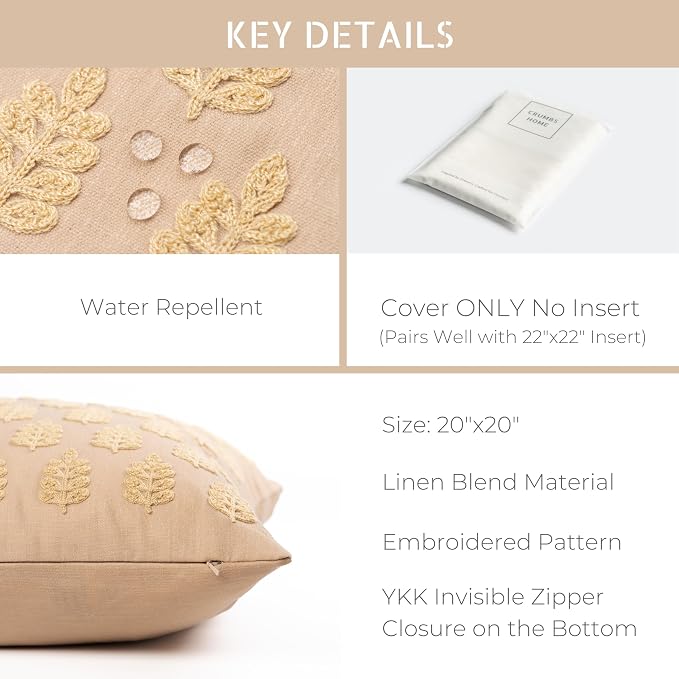 Crumbs Home Modern Farmhouse California Casual Indoor Outdoor Throw Pillow Cover, 20"x20" Water Repellent for Patio, Backyard, Couch, Poolside, Earth Tone Ivory Cream Tan Embroidered Leaves