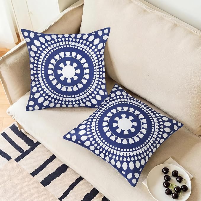 Merrycolor Set of 2 Outdoor Waterproof Throw Pillow Covers Blue and White Pillow Covers Floral Decorative Square Pillowcases Farmhouse Boho Outdoor Pillows for Patio Furniture 18x18 Inch Navy Blue