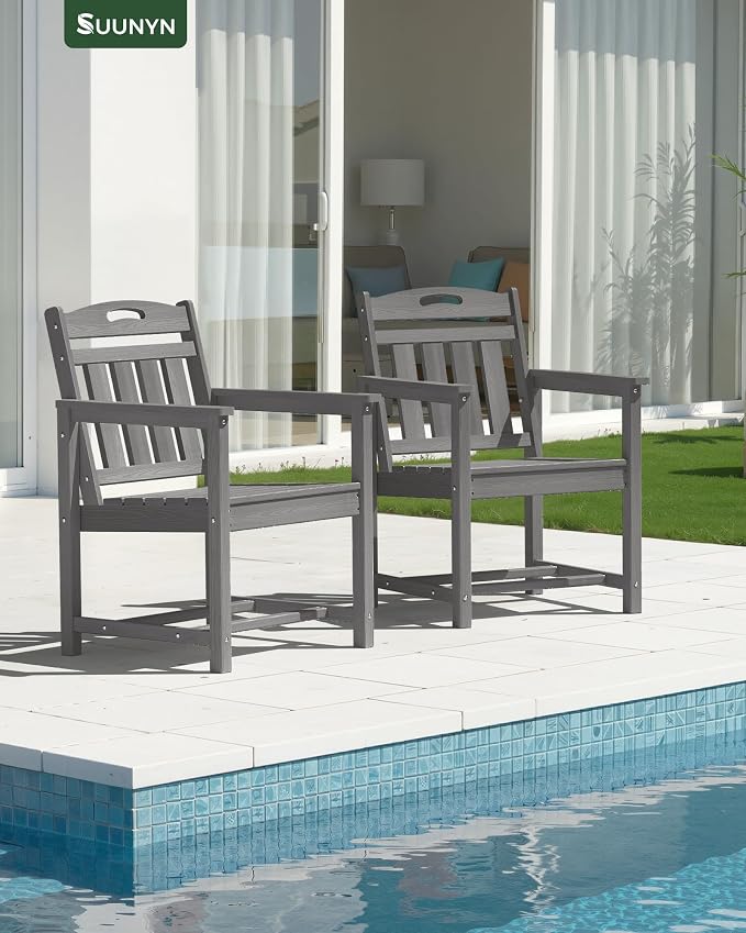 Patio Chairs Set of 2, HDPE Outdoor Dining Chairs with Wide Seat, All Weather Oversized Porch Chair for Garden, Backyard, Deck - Grey