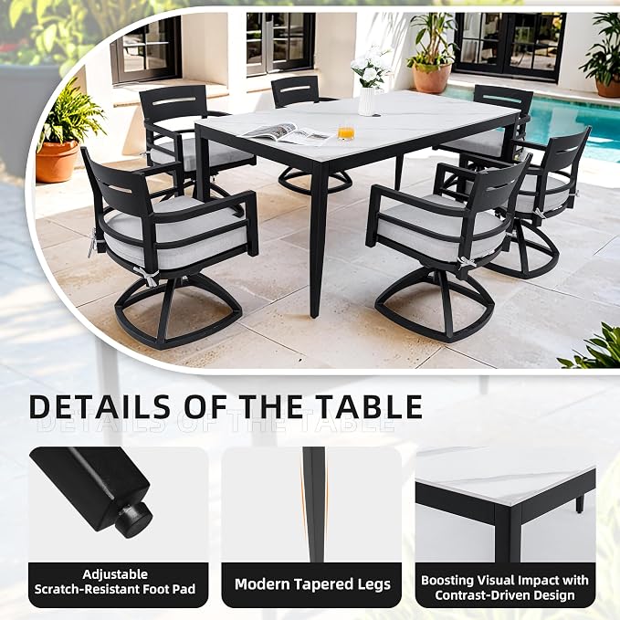 7PC Aluminum Outdoor Patio Dining Set, 71”Rectangular Dining Table with White Marble Pattern Sintered Stone Top and 6 Cushioned Swivel Rockers, All-Weather Patio Furniture
