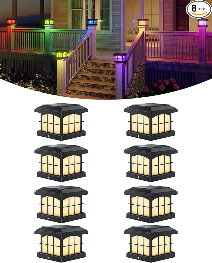 RGBCW Solar Post Cap Lights 8-Pack, 9 Colors 3 Modes Fence Caps, Bright Solar Outdoor Waterproof LED Deck Lighting for Fence Garden Deck Patio Porch Decor 4x4 Vinyl/Wood, Black