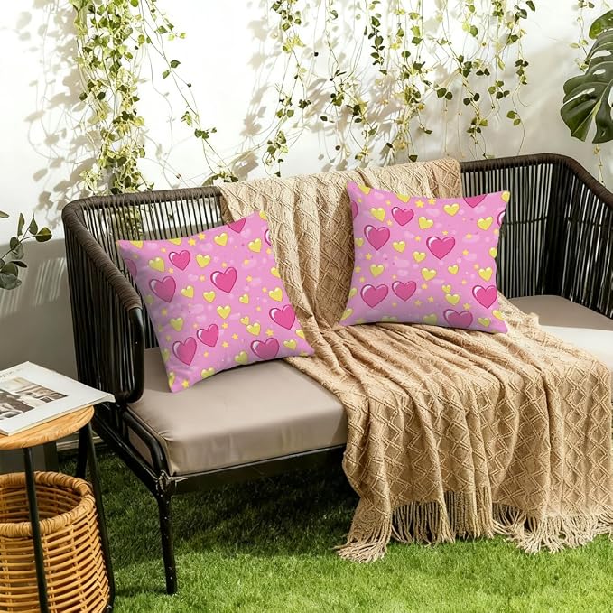 20x20 Inch Outdoor Pillow Covers Set of 2 Waterproof Throw Pillow Covers Decorative Couch Cushion Covers Pink Hearts Yellow Star Square Pillowcases Protectors for Patio Garden Sofa