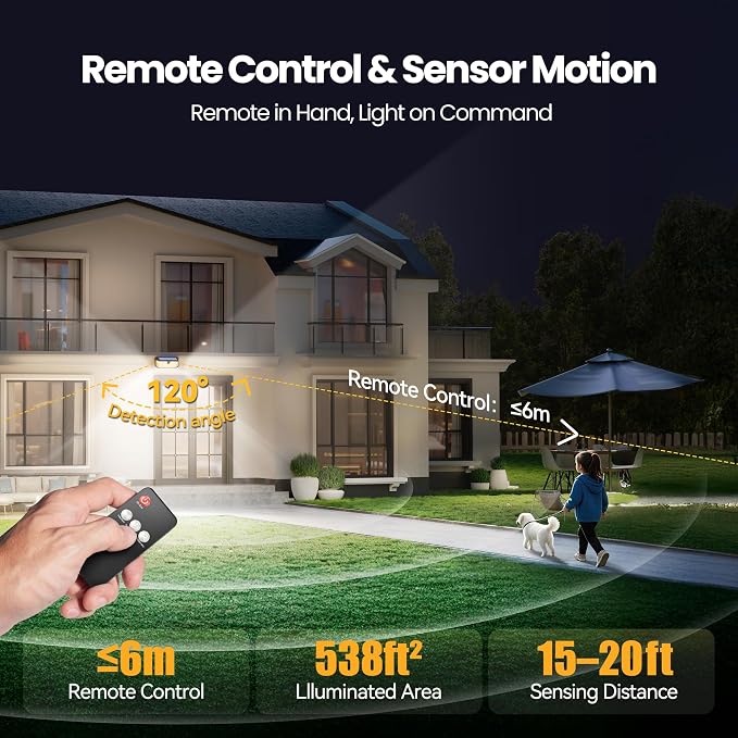 TECKNET 546 LED Motion Sensor Outdoor Lights with Remote Control Hook 2Pack | 7500LM Solar Lights Outdoor with 2200mAh & IP66 Waterproof, 300° Angle & 3 Modes, Solar Lights for Patio Fence Garage