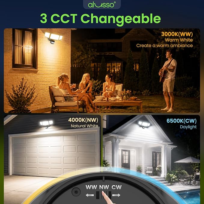ALUSSO Motion Sensor Outdoor Lights Hardwired(Not Solar),Flood Lights Outdoor 120V, Dusk to Dawn/Auto/On Time, 3CCT 3000K/4000K/6500K Security Light,ETL,3 Modes Metal Black 60W 6000LM