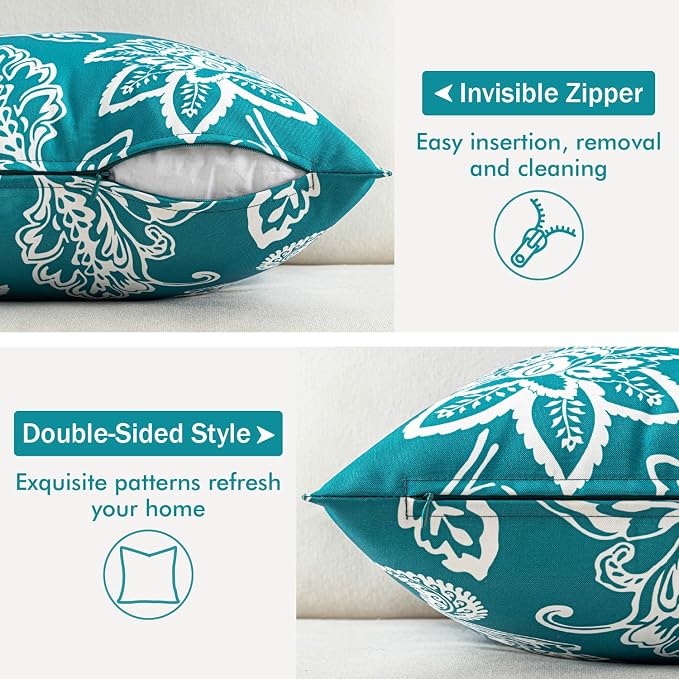 Decorative Outdoor Floral Pillow Covers Set of 2 18x18 Teal Blue | Waterproof Boho Farmhouse,Decorative Throw Pillow Covers,Summer Coastal Accent Pillowcases,Patio Furniture Garden Sofa